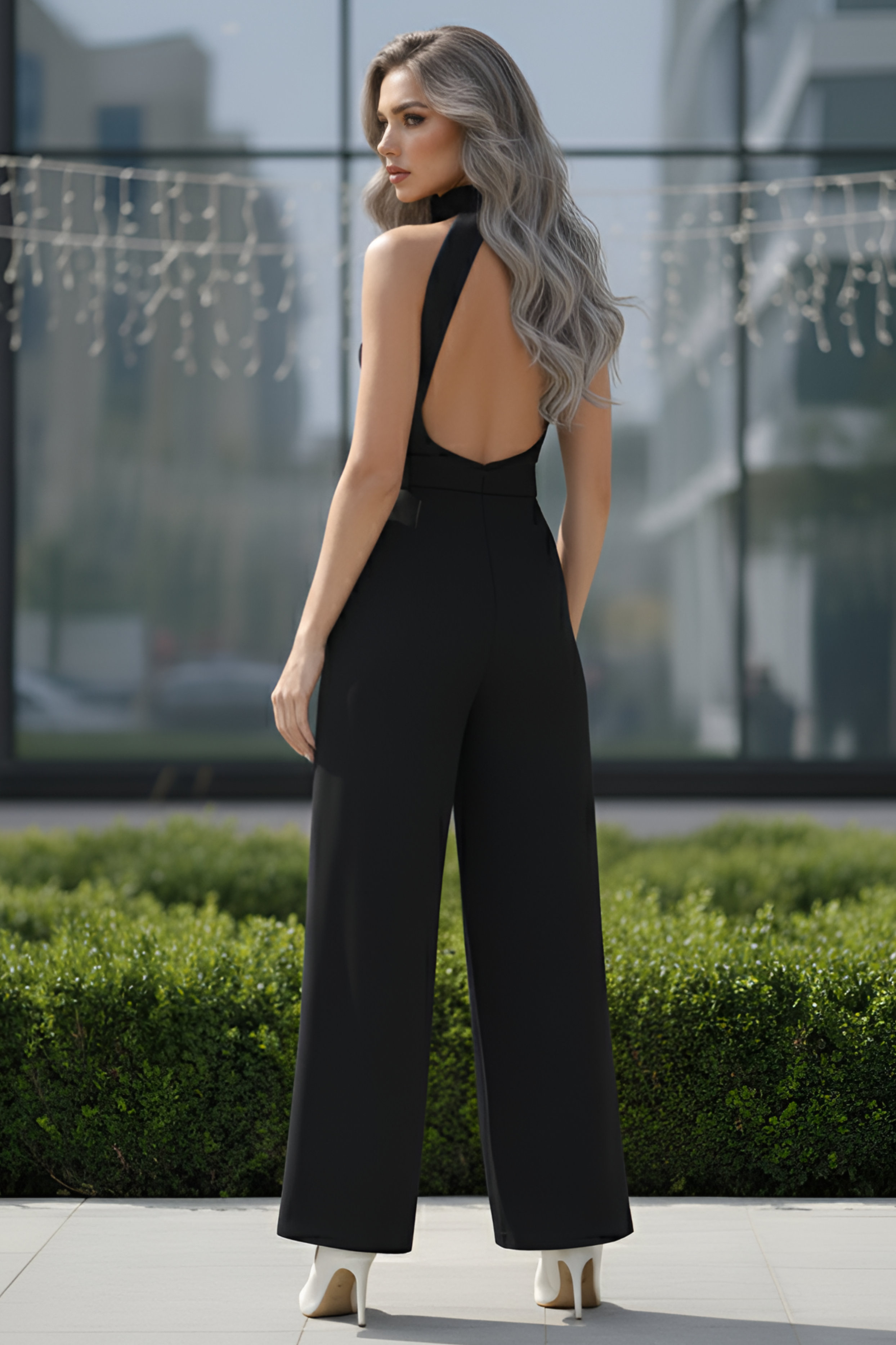 Black High-Collar Jumpsuit – Gold Buckle